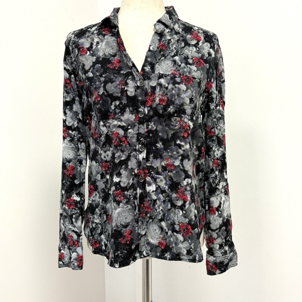 Rock & Republic Women's Black Red Floral Button Down Shirt Sz Small Romantic